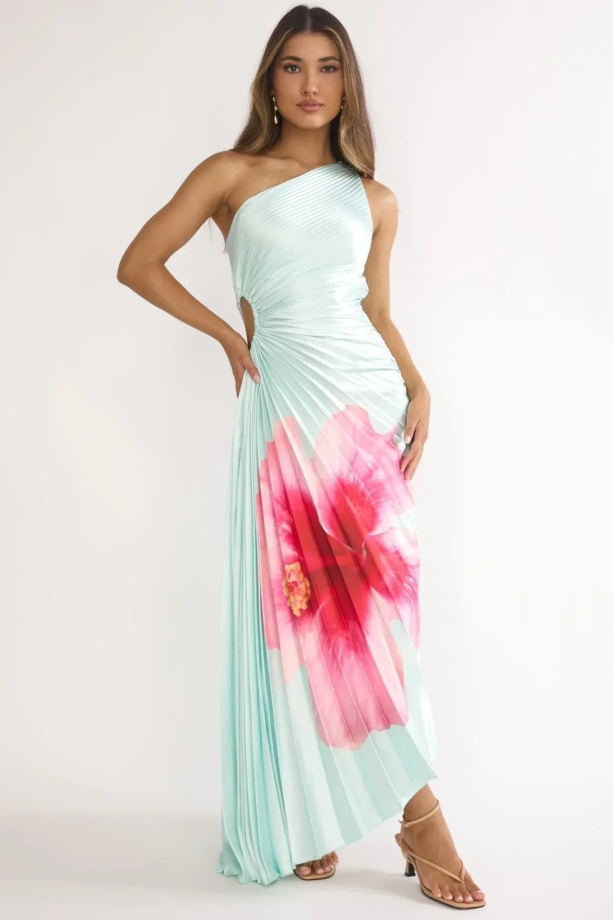 Beth Maxi Dress - Mint Floral Pleated Maxi Dress with Cut-Out