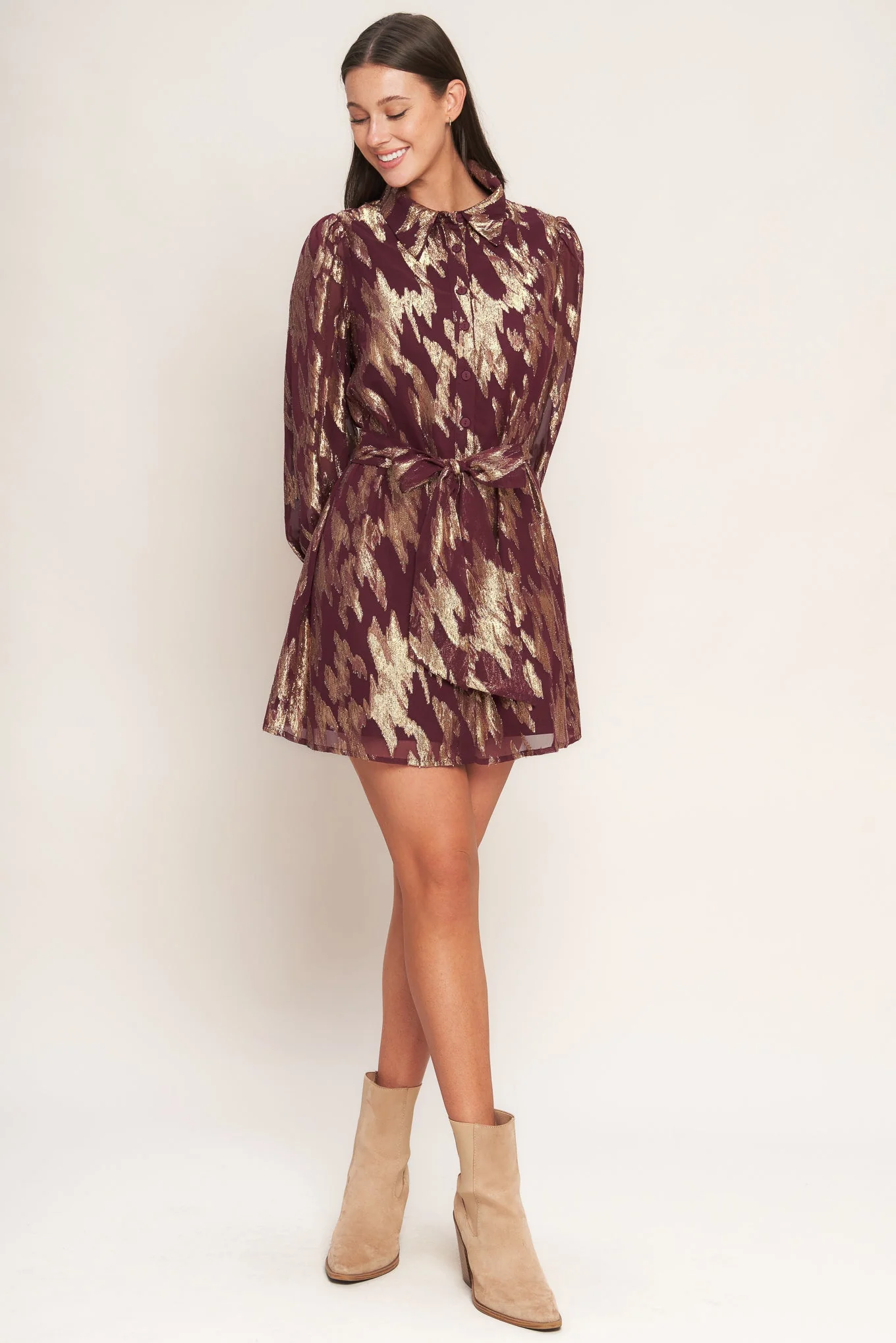 METALLIC MUSE BURGUNDY LONG SLEEVE MINI DRESS - FINAL SALE