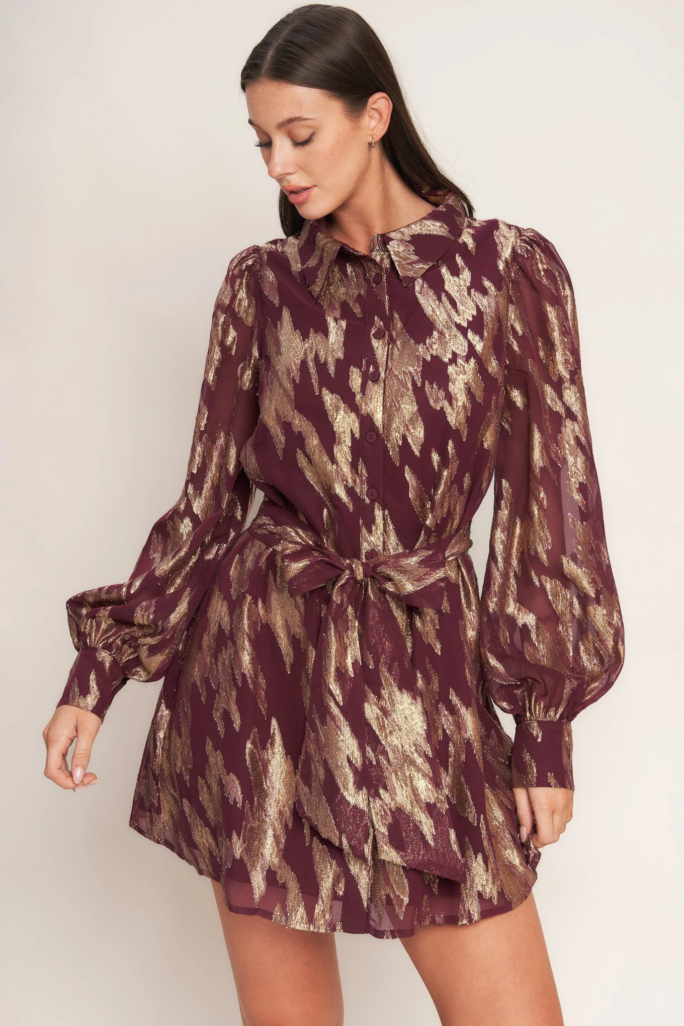 METALLIC MUSE BURGUNDY LONG SLEEVE MINI DRESS - FINAL SALE - Image 2