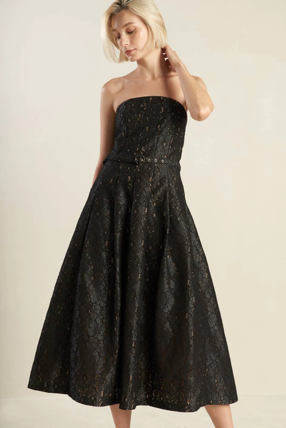 THE TRUTH IS STRAPLESS BLACK LACE MIDI DRESS - Image 3